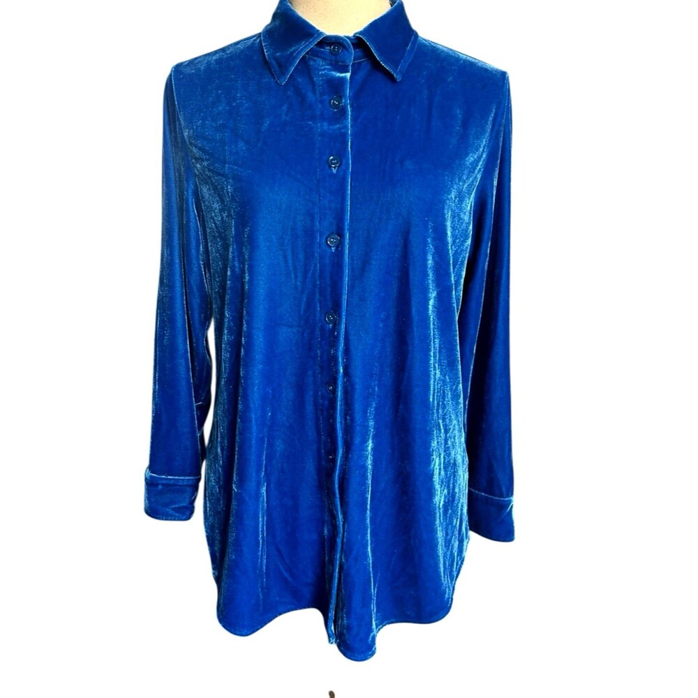 Soft Surroundings PS Blue Boyfriend Tunic Velvet Button Down Shirt Blouse